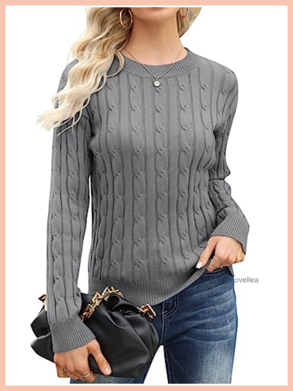 Esobo Cable Knit Sweater Long Sleeve Pullover Mock Neck Loose Fit